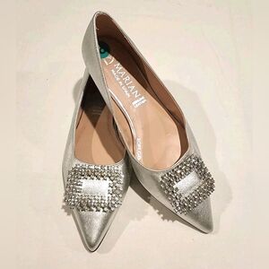 New Marian Silver Genuine Leather Rhinestone Bling Flats Made In Spain US 8/39